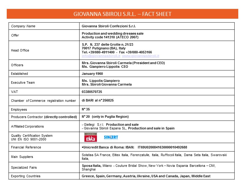 GIOVANNA SBIROLI S.R.L. – FACT SHEET